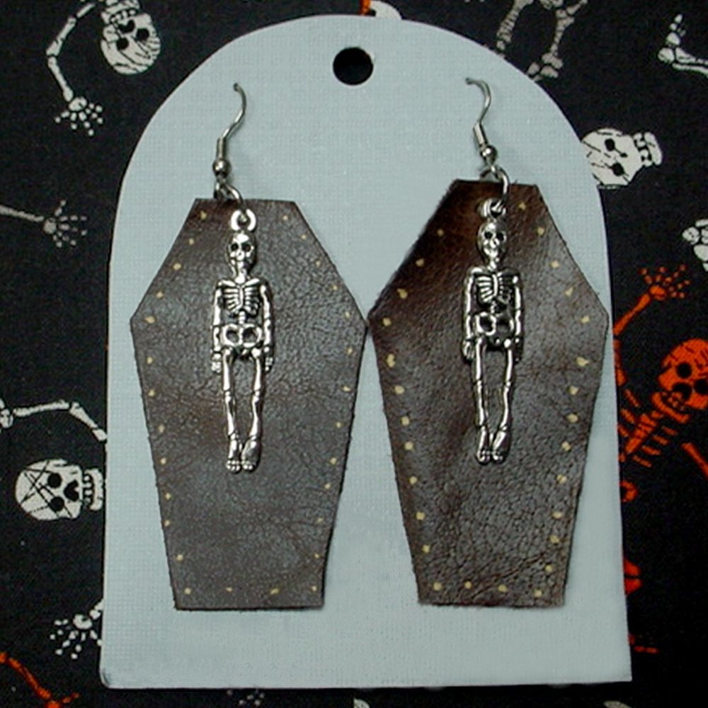 HALLOWEEN COFFIN EARRINGS with SKELETONS BROWN LEATHER 2-3/8" Long